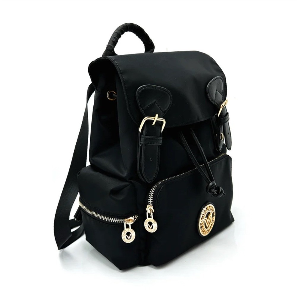Valentino Orlandi Backpack Black Nylon Vegan Leather Gold Logo Italian Luxury